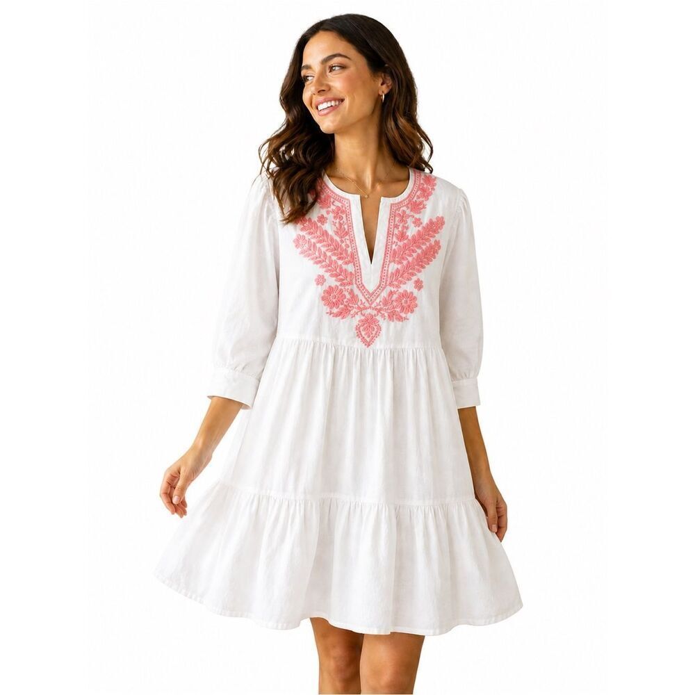 Madison Mathews White Pink Embroidered Boho Dress Anthro Inspired NWOT